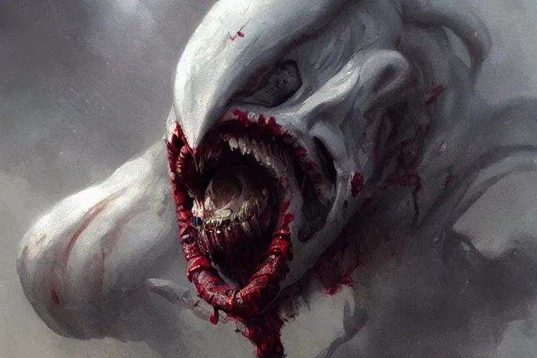 Image similar to painting by greg rutkowski of a flying human head and face that is chalk white in color, with white tentacles coming of the neck, red eyes, flying in a terrying hell like cavernous place