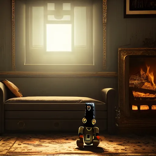 Image similar to Lonely and depressed robot sitting on a couch in front of a large fireplace in a Victorian home in the future. octane render, extremely detailed, 10000K color temperature cinematic lighting, 8k, lens flare, cinematic movie photograph, closeup portrait, trending on artstation, cgsociety, award-winning art, by Simon Stalenhag.