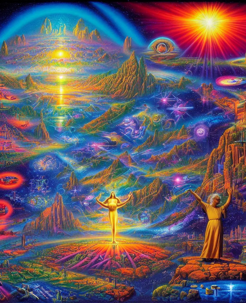 Prompt: a beautiful vibrant future for human evolution, spiritual science, divinity, utopian, by david a. hardy, kinkade, lisa frank, wpa, public works mural, studying mathematics and physics equations