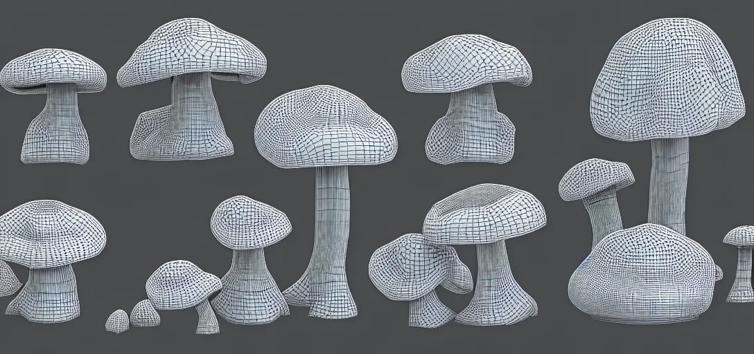 Image similar to 3 d study of a bunch of mushrooms in the forest, wireframe, detailed, octane