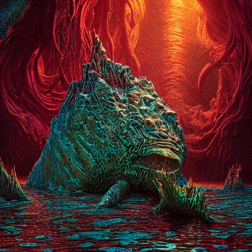 Prompt: photorealistic aquatic monster in the style of michael whelan and gustave dore. hyperdetailed photorealism, 1 0 8 megapixels, amazing depth, glowing rich colors, powerful imagery, psychedelic overtones, 3 d finalrender, 3 d shading, cinematic lighting, artstation concept art