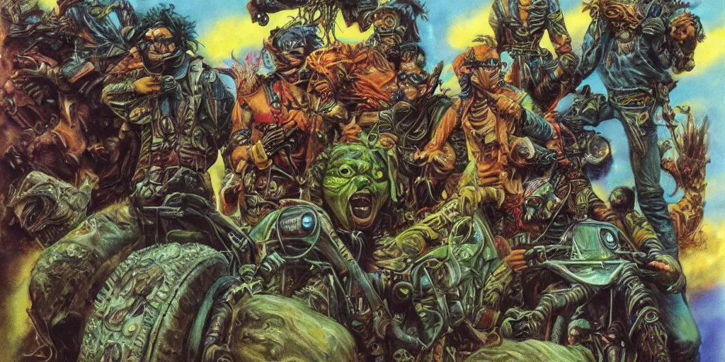 Prompt: psychedelic post apocalyptic orcish biker gang, sharp focus, psychedelic colors, boris vallejo, michael whelan