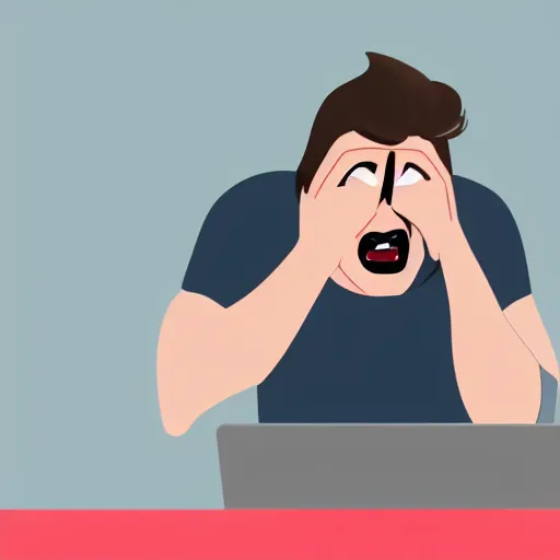 Image similar to A frustrated software developer crying because his code doesn't work, digital art, cartoon, funny. 4k.