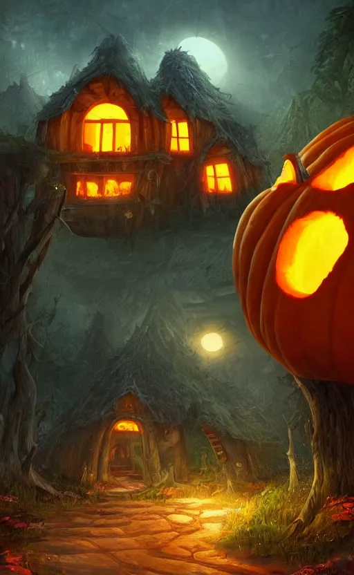 Image similar to a giant pumpkin house in the middle of a forest at night, the lights are on, dynamic lighting, photorealistic fantasy concept art, trending on art station, stunning visuals, creative, cinematic, ultra detailed