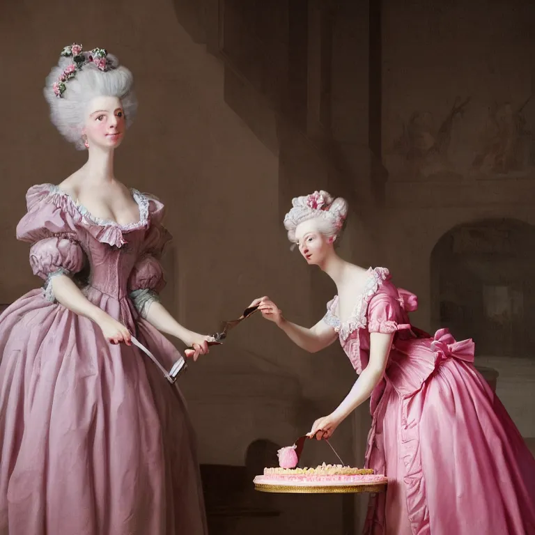 Prompt: Marie Antoinette cutting a pink cake. Baroque painting, trending on artstation, 50mm, photo realistic, highly detailed, ultra realistic, octane render