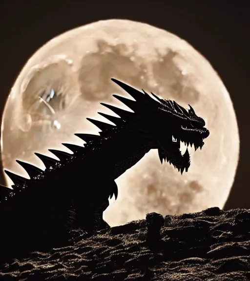 Image similar to a dragon silhouette crossing the full moon at night, with dark castle in foreground, cinematic frame by steven spielberg, game of thrones, hd