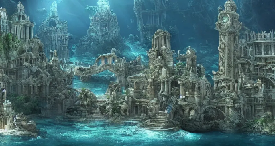 Prompt: the lost city of Atlantis, underwater, cinematic view, epic lighting, fully built buildings, white marble, hyper detailed, 4K
