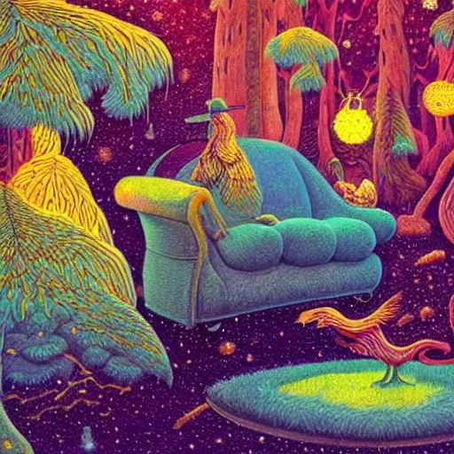 Prompt: psychedelic couch sofa in the pine forest, goose, milky way, designed by moebius, rob gonsalves, gustav dore, giuseppe arcimboldo and carl barks, louis wain, trending on artstation, canada, star, sharp focus, colorful refracted sparkles and lines, soft light, 8 k 4 k