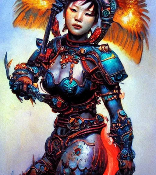 Image similar to portrait of strong korean female chaos angel, beautiful! coherent! by frank frazetta, by brom, strong line, vivid neon color, spiked scrap metal armor, iron helm, high contrast, maximalist