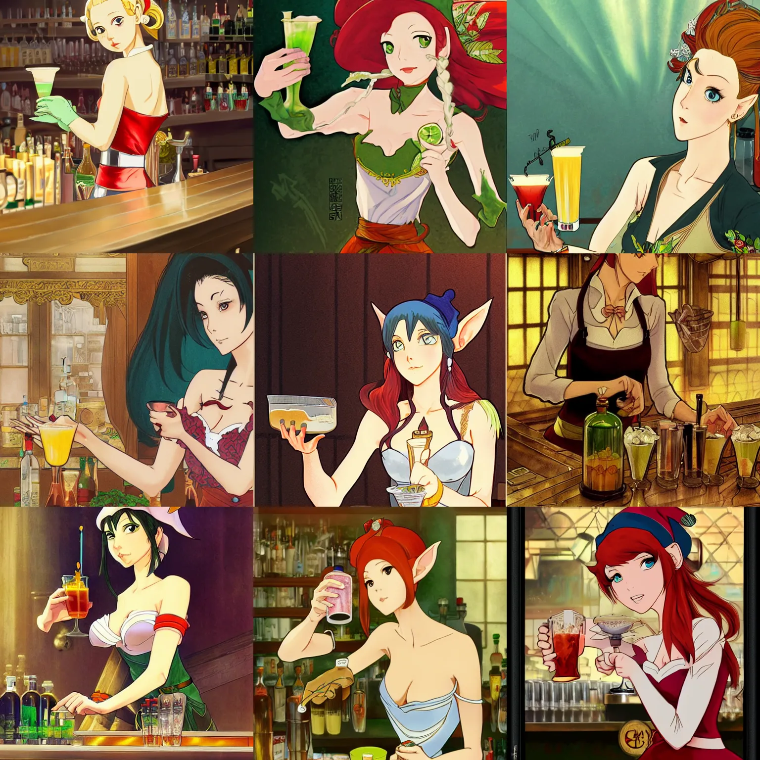 Prompt: A female elf bartender mixing a drink, digital illustration, detailed face, detailed background, Hayao Miyazaki, Kyoto Animation, Monkey Punch, Alphonse Mucha