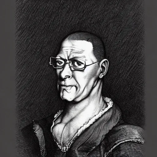 Image similar to Portrait Hank Hill Vampire Plumber anato finnstark jacques callot albrecht durer john flaxman gustav dore engraved ink stamp aquatint etching intaglio 4k artstation wikiart wikipedia