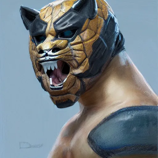 Prompt: Strong wrestler wearing a wrestles jaguar mask, closeup character portrait art by Donato Giancola, Craig Mullins, digital art, trending on artstation