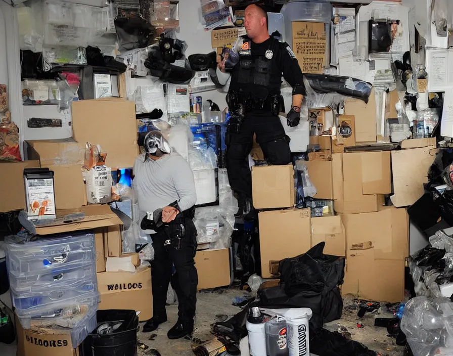 Image similar to Alex Jones in his garage office INFOWARS studio Alex Jones fighting SWAT police, surrounded by boxes of herbal supplements and trash, a group of SWAT police, tear gas and smoke, detailed photograph high quality