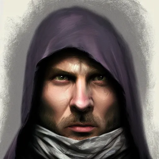 Image similar to ultra realistic illustration, man in a black hood, in a striped purple balaclava, mysterious, highly detailed, digital painting, artstation, concept art, smooth, sharp focus, illustration, art by artgerm and greg rutkowski and alphonse mucha