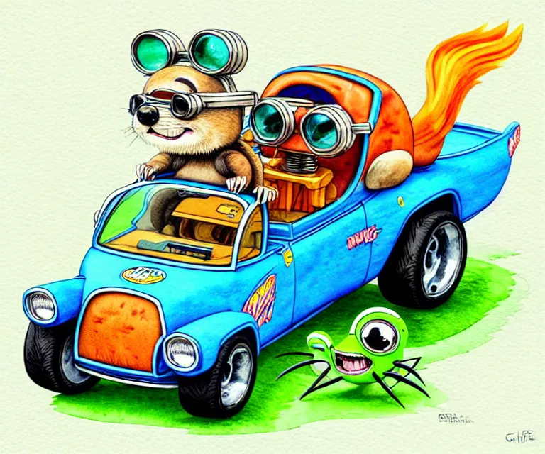 Image similar to cute and funny, beaver wearing goggles driving a tiny hot rod with an oversized engine, ratfink style by ed roth, centered award winning watercolor pen illustration, isometric illustration by chihiro iwasaki, edited by craola, tiny details by artgerm and watercolor girl, symmetrically isometrically centered