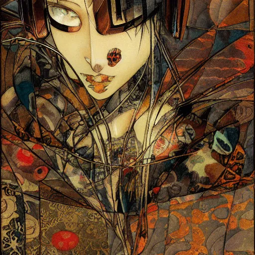 Image similar to yoshitaka amano illustration of a cat, abstract patterns in the background, satoshi kon anime, noisy film grain effect, highly detailed, renaissance oil painting, weird portrait angle, blurred lost edges, three quarter view