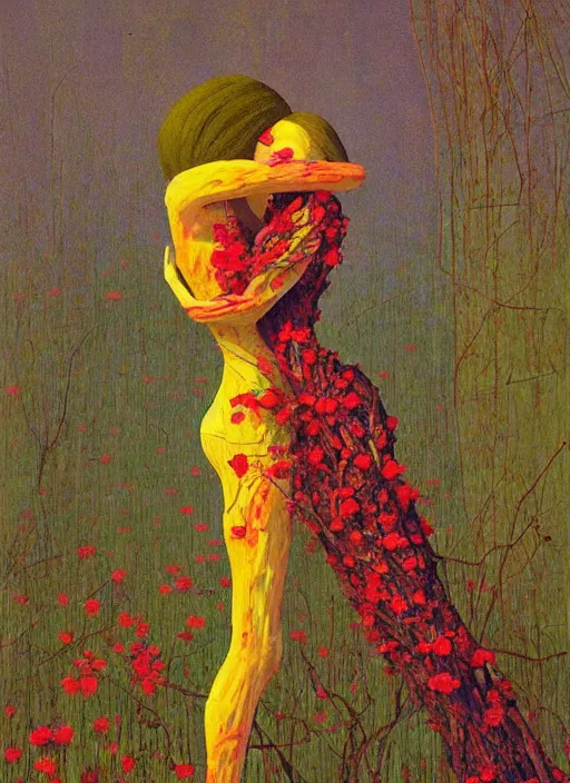 Prompt: women made of twigs and colorful flowers hugging Edward Hopper and James Gilleard, Zdzislaw Beksinski, highly detailed