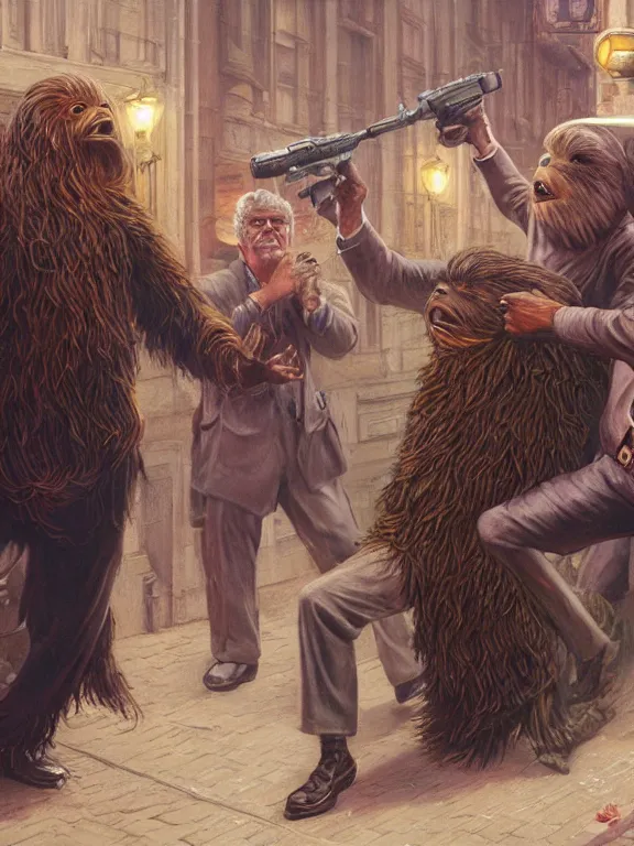 Prompt: rich evans and mike stoklasa save george lucas from a crackhead wookie in 1 9 3 0 s paris, hyperrealistic, 4 k, ultra detailed, intricate detail, octane render, photorealistic, art by wayne barlowe, art by keith parkinson.