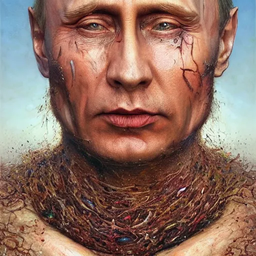 Image similar to a portrait of vladimir putin's whole face made of worms and maggots, macabre, horror, by donato giancola and greg rutkowski and wayne barlow and zdzisław beksinski, realistic face, visible face, digital art, artstation, symmetry