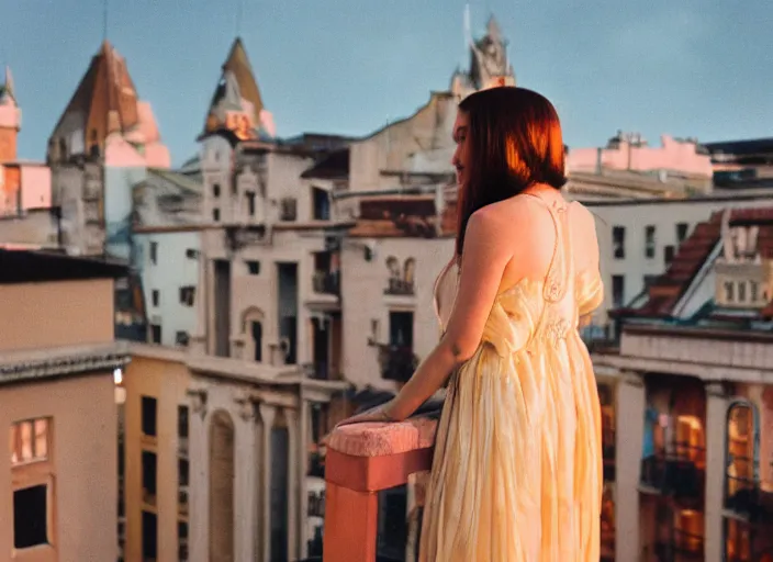 Image similar to a fantasy queen stands on a balcony overlooking a fantasy city, golden light and glow, 3 5 mm photography