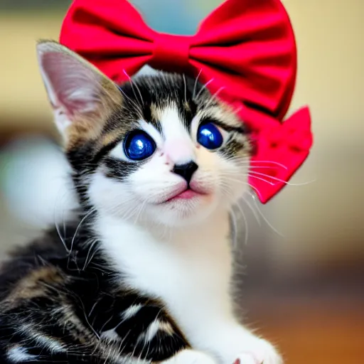Image similar to a photograph of a kitten wearing a bowtie