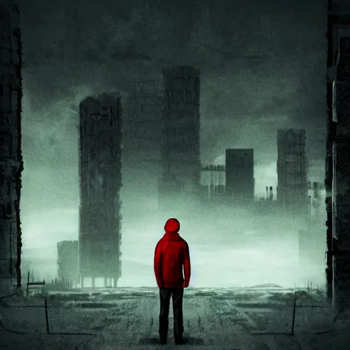 Prompt: a person watching the end of the world, dystopian city, wasteland, red hue