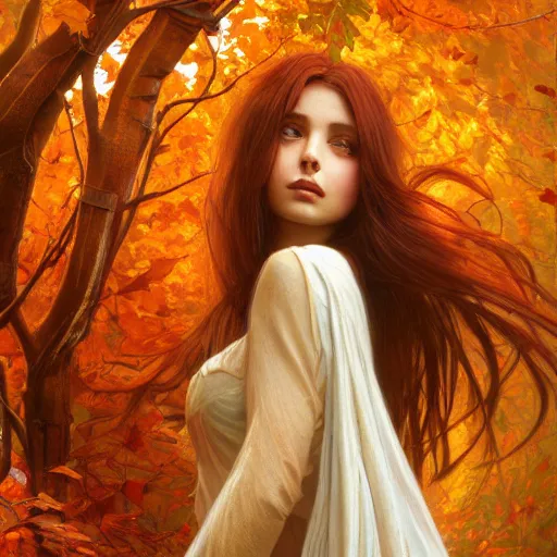 Image similar to girl with super long hair, hair becoming autumn red leaves, intricate, highly detailed, digital painting, artstation, concept art, smooth, sharp focus, illustration, unreal engine 5, 8 k, art by artgerm and greg rutkowski and alphonse mucha