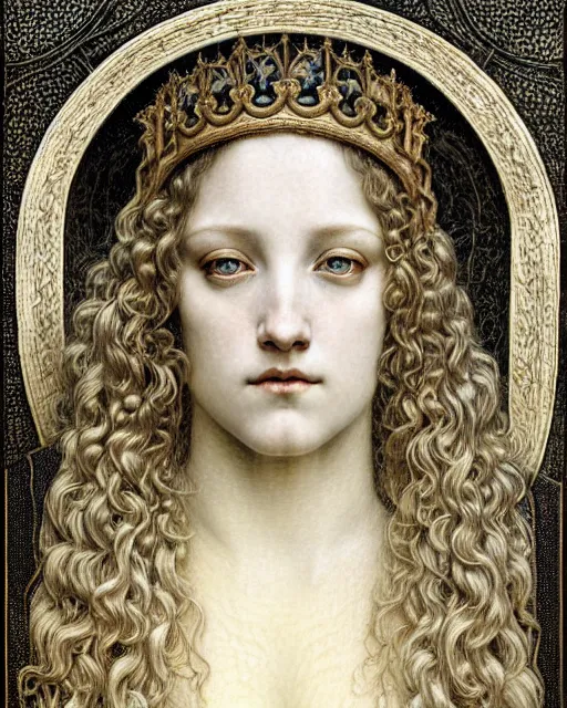 Image similar to detailed realistic beautiful young medieval queen face portrait by jean delville, gustave dore and marco mazzoni, art nouveau, symbolist, visionary, gothic, pre - raphaelite. horizontal symmetry