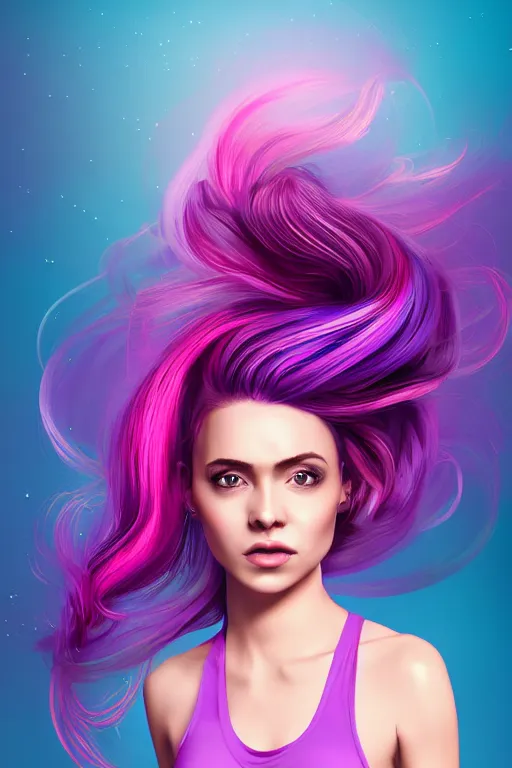 Image similar to a award winning half body porttrait of a beautiful woman in a croptop with ombre purple pink teal hairstyle with head in motion and hair flying, outrun, vaporware, shaded illustration, digital art, trending on artstation, highly detailed, fine detail, intricate