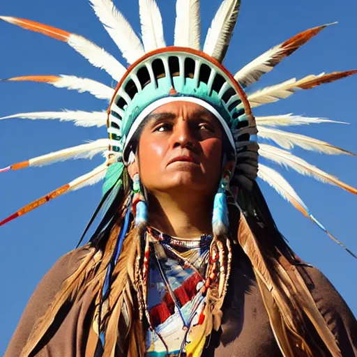 Image similar to photo of the statue of liberty as a native indian with head dress, native american hoop dance, coper cladding