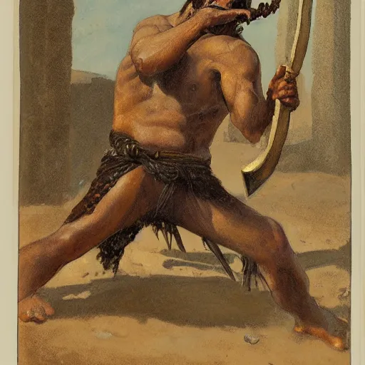 Prompt: a scrappy bronze age thief man, ancient mesopotamia, hiding, opportunistic expression, sword and sandal character portrait by theodore ralli and nasreddine dinet and anders zorn and nikolay makovsky and edwin longsden long