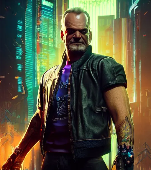 Prompt: cyberpunk 2 0 7 7, charismatic rugged male battle kelsey grammer - mage portrait, clothed in hooded, metal - plated battle armor atmospheric lighting painted intricate volumetric lighting, beautiful, sharp focus, ultra detailed by leesha hannigan, ross tran, thierry doizon, kai carpenter, ignacio fernandez rios