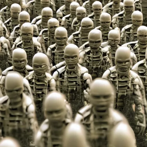 Prompt: photo of an army of human clones, highly-detailed