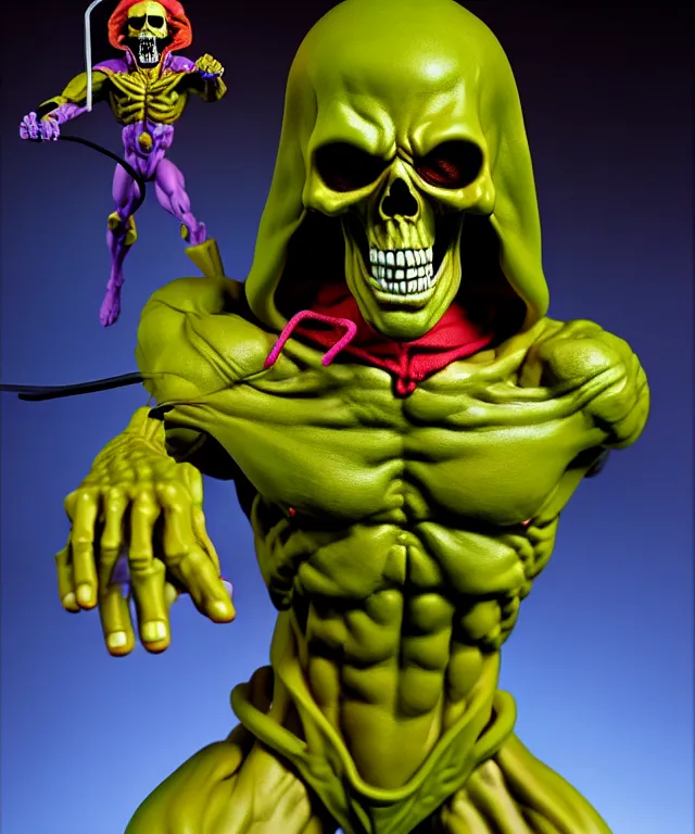 Image similar to hyperrealistic rendering, skeletor, by art of skinner and richard corben and jeff easley, product photography, action figure, sofubi, studio lighting, colored gels