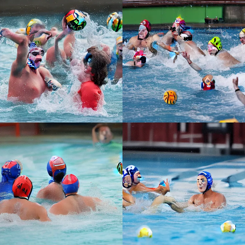 Prompt: British parliament members playing water polo in the rain