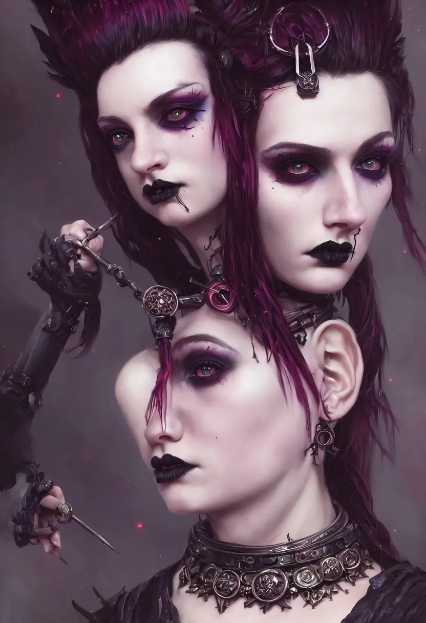 Image similar to beautiful very extreme closeup portrait, goth girl, piercings collar, mohawk hairstyle, medieval dress. witch, makeup. unreal engine, greg rutkowski, loish, rhads, beeple, tom bagshaw, alphonse mucha, global illumination, detailed and intricate environment