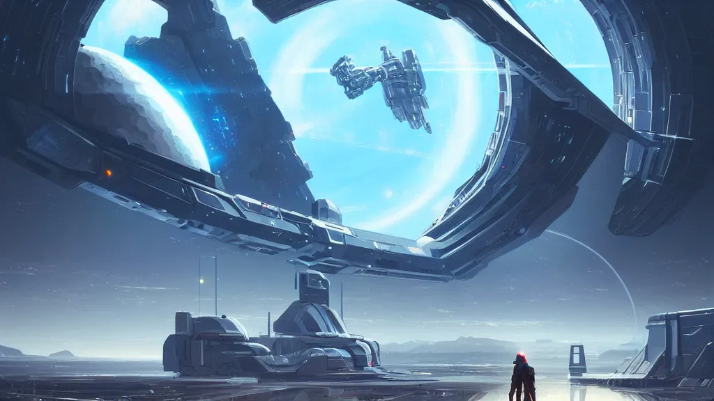 Image similar to spaceport at the other end of the universe, metal framed portal, sharp digital painting. retrofuturism. hyperrealistic. concept art. artstation. giant robot mecha. akihiko yoshida jim burns. brian sum. wormhole. spacetime. spaceship. space craft. robots