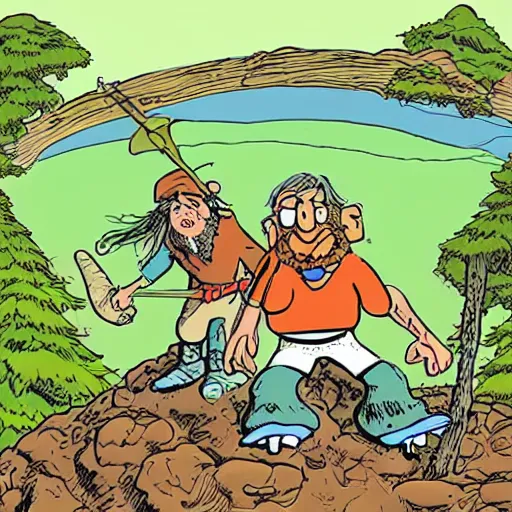 Prompt: groo the wanderer and rufferto in an epic pose on top of a mountain illustration by sergio aragones