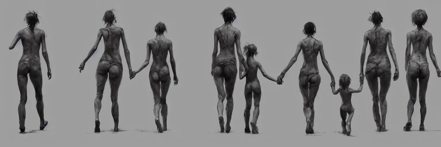 Prompt: family walk cycle, realistic anorexic family walking while wearing a thong, character sheet, fine details, concept design, contrast, kim jung gi, greg rutkowski and francis bacon, trending on artstation, 8 k, full body and head, turnaround, front view, back view, ultra wide angle