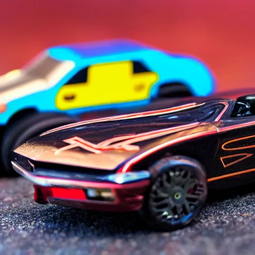 Prompt: 3 5 mm photo of metallic black superman car like hot wheels model with a new york as background