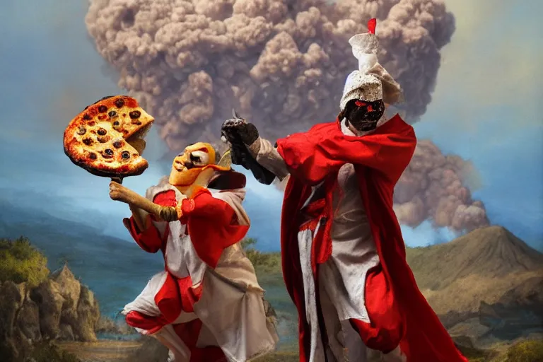 Prompt: a highly detailed pulcinella! holding a pizza! margherita, full body, volcano in background, lava and smoke, ominous, detailed painting by arturo faldi, trending on deviantart, octane, masterpiece