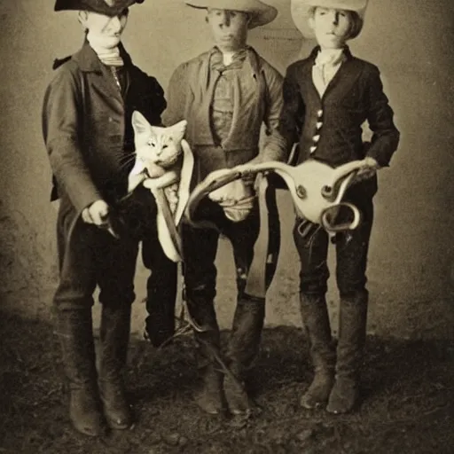 Image similar to cowboys and their cats, 1 8 0 0 s, photograph