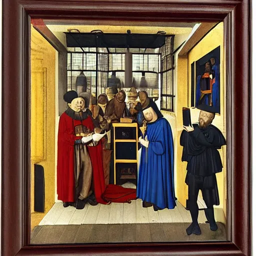 Image similar to A group of people on their smartphones, clearly-defined smartphone, in the style of Jan van Eyck