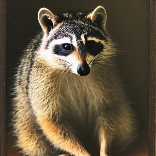 Prompt: a midshot portrait of a raccon sitting and looking into a camera, soft lighting, classical painting