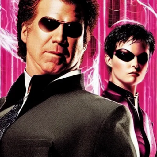 Prompt: will ferrell stars in the matrix : reloaded, directed by the wachowskis, promotional image