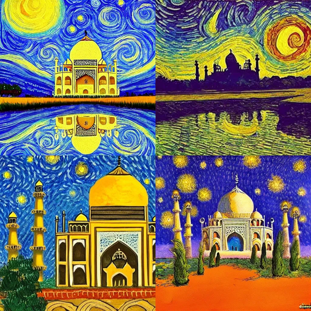 Prompt: painting of taj mahal by van gogh, style of starry night, vibrant