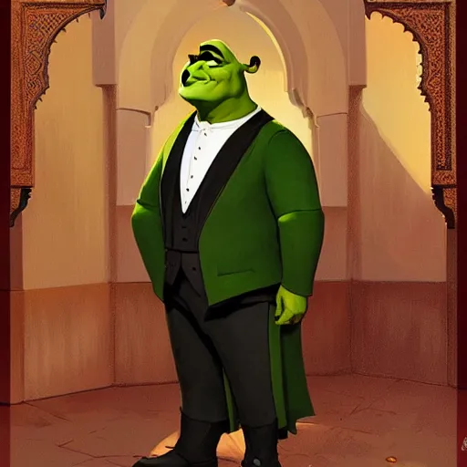 Image similar to handsome shrek in a tuxedo in a moroccan wedding, highly detailed, digital painting, artstation, concept art, sharp focus, illustration, art by greg rutkowski and alphonse mucha