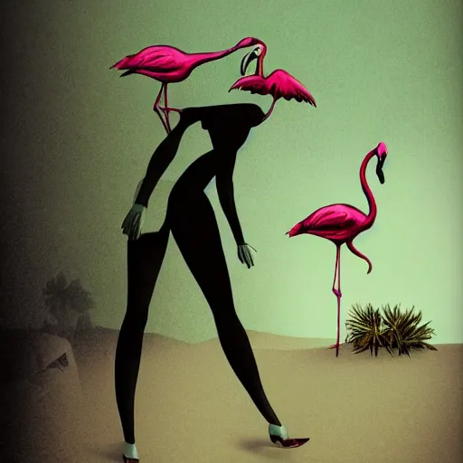 Image similar to A surreal comic noir illustration containing a beautiful woman and Flamingos on a desert beach oasis by Salvador Dali, dark vibes, high contrast, pastel lighting, cinematic, depth of field, 8k