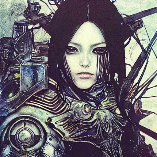 Image similar to “ a simple concept art portrait of a destiny witch with full armor set, an award winning yoshitaka amano digital art, by adrian ghenie and gerhard richter. art by takato yamamoto. masterpiece, deep colours. ”