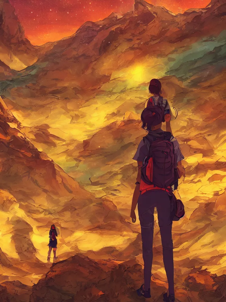 Prompt: Female backpacker exploring an exotic alien landscape, warm colours, detailed, manga,